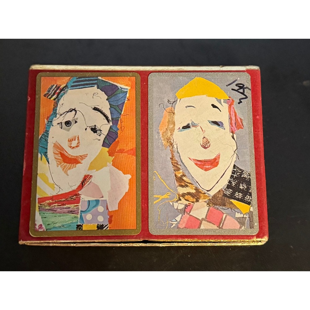 Vintage Clown Playing Cards Double Deck Set Collage Art Circus Red Gold Box